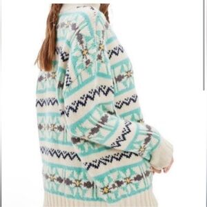 American Eagle Mock Neck Fair Isle Oversized Chunky Knit Sweater Small Green